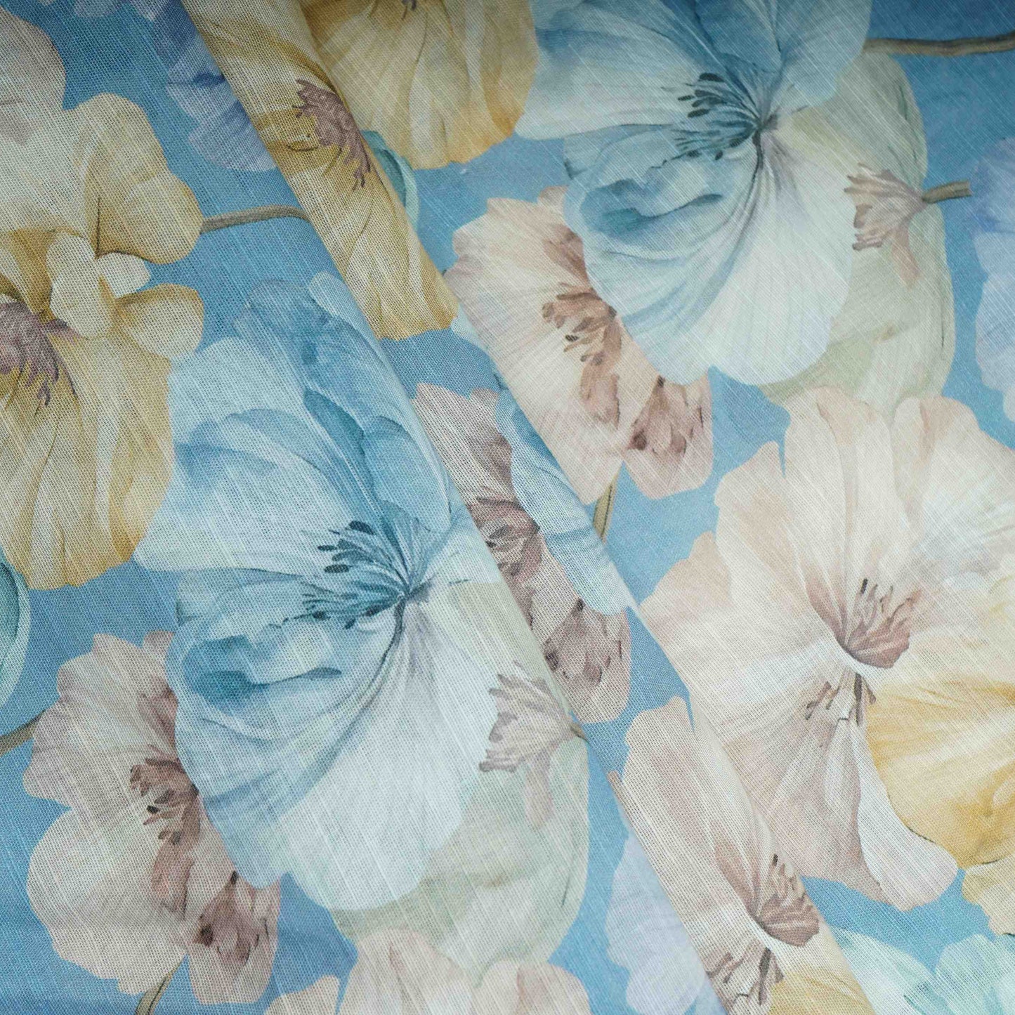 Cornflower Blue Floral Print Cotton Linen Fabric RT-30911