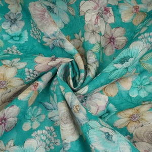 Teal Green Floral Print Cotton Linen Fabric RT-30915 - TradeUNO