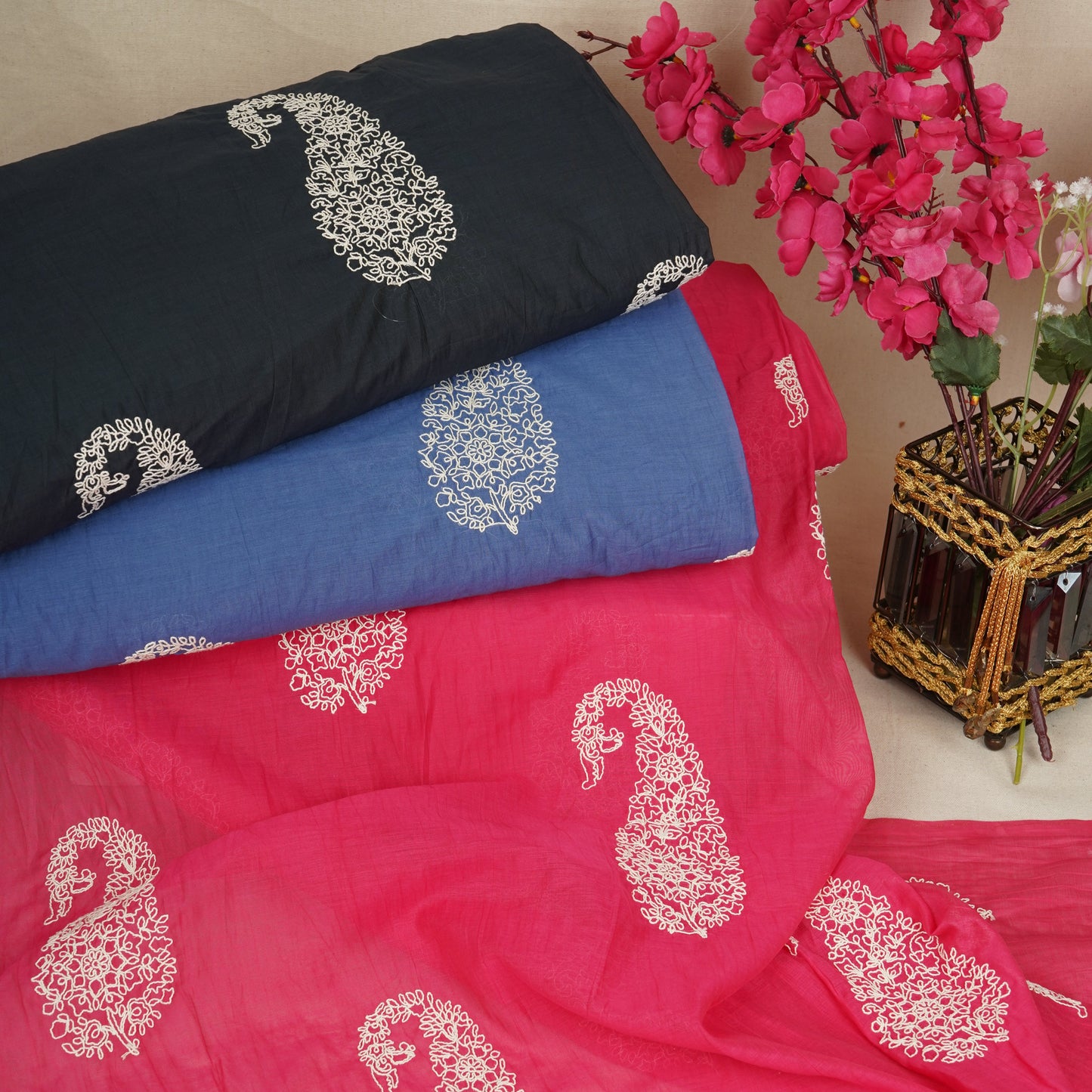 Magenta Pink Paisley Embroidery Mul Chanderi Fabric DC-29909
