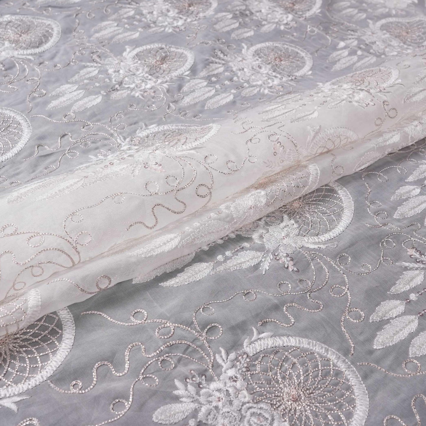 Off White floral thread embroidery Organza Fabric VFS-31703