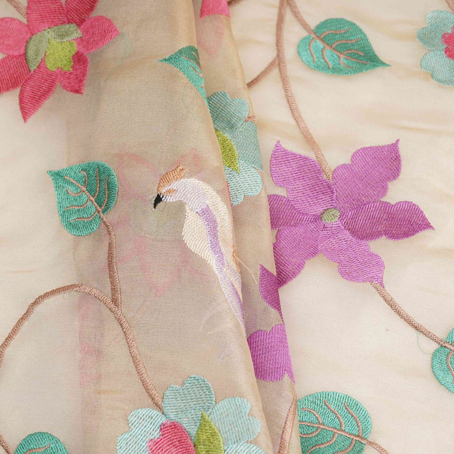 Beige with Multicolor thread floral embroidery Kanjivaram Silk Fabric TF-31440