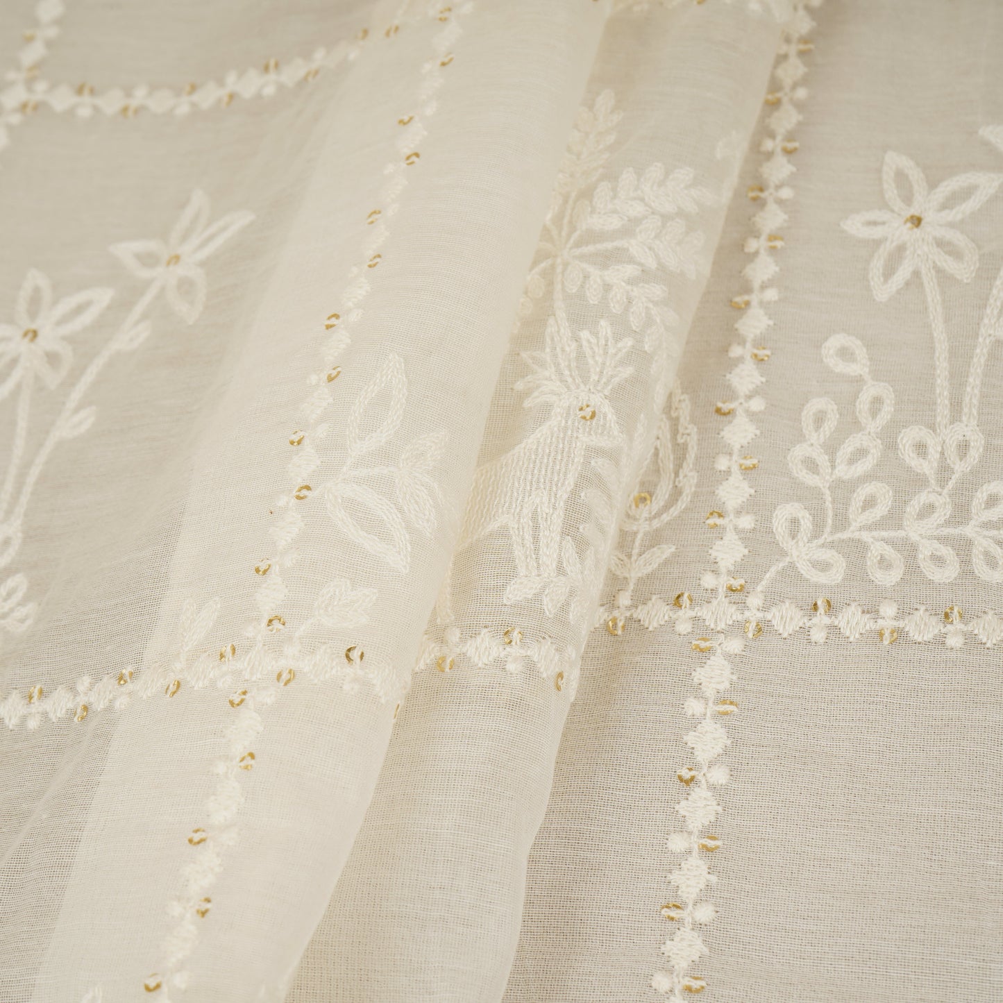 Cream Floral Embroidery Dyeable Chanderi Silk Fabric VI-30073