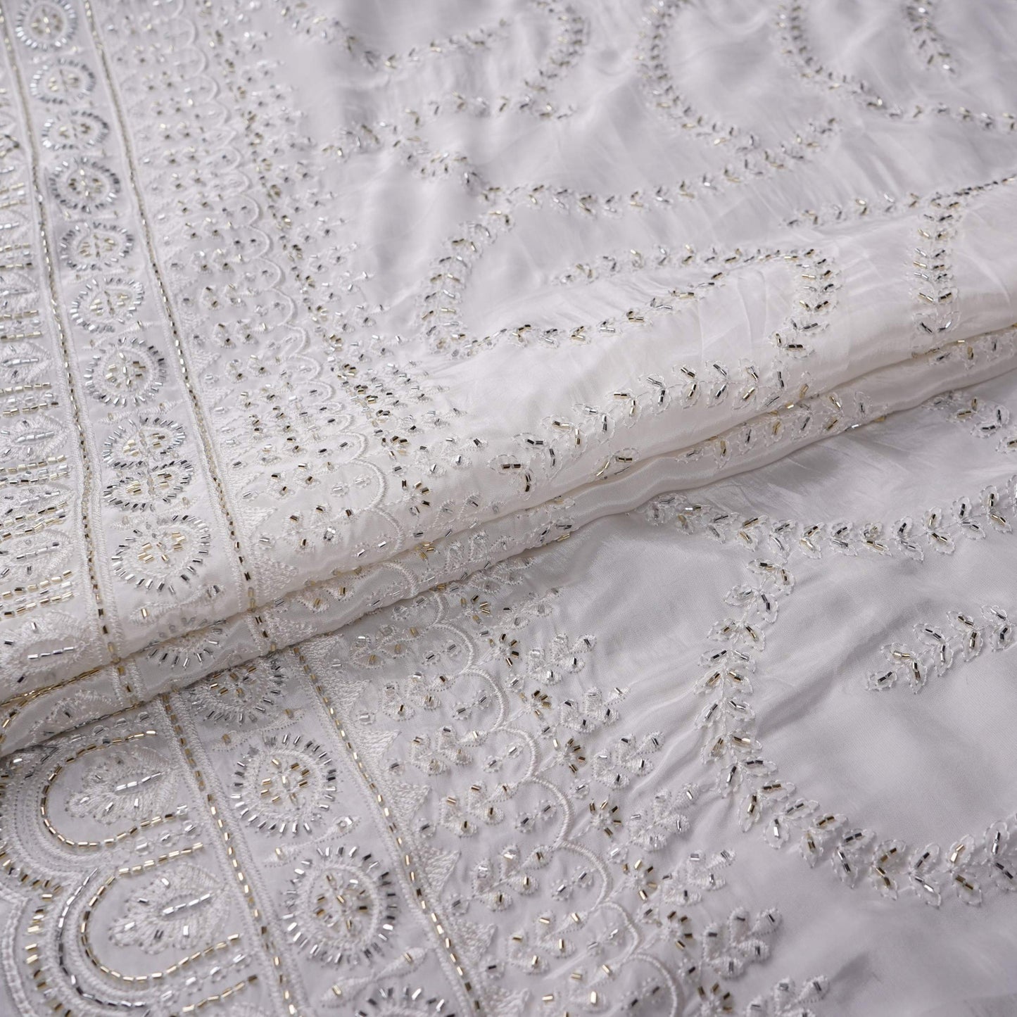 White Dyeable Pearl Cutdana embroidery Crepe Fabric VFS-31687