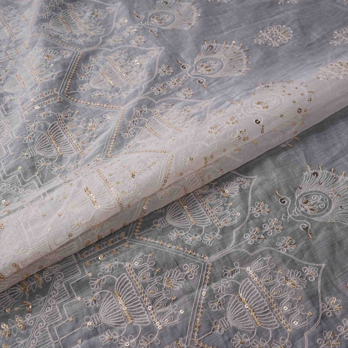 White Dyeable Geometric sequins embroidery Mul Chanderi Fabric SNTF-31867