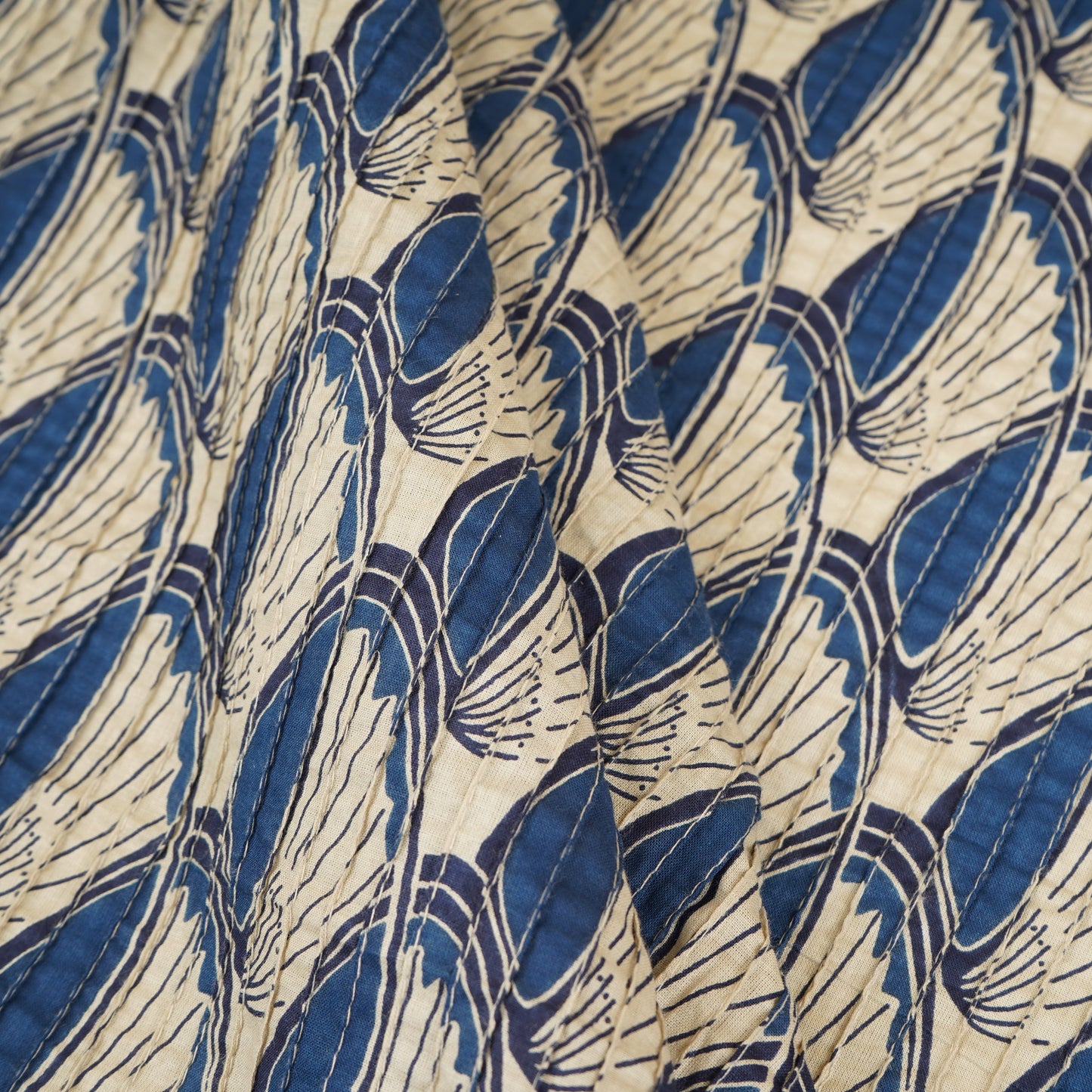 White with Blue Batik Print Pintuck Cotton Fabric MFR-29827