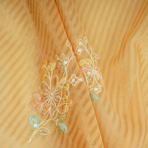 Rust Orange Zari Stripes floral thread embroidery Malai Chanderi Fabric VFS-31543 - TradeUNO