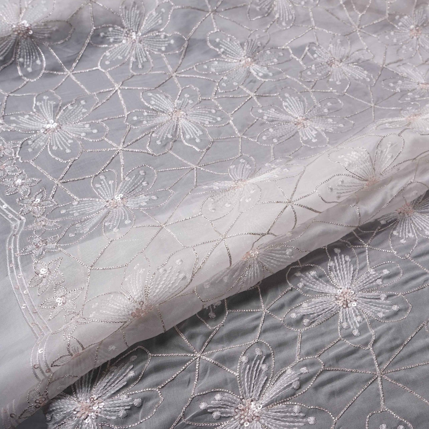 Off White floral Jaal embroidery Tissue Organza Fabric VFS-31694