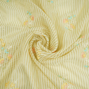 Cream Zari Stripes floral thread embroidery Malai Chanderi Fabric VFS-31541 - TradeUNO