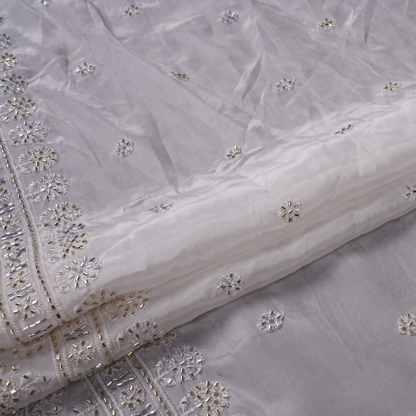 White Cutdana embroidery Crepe Fabric VFS-31701