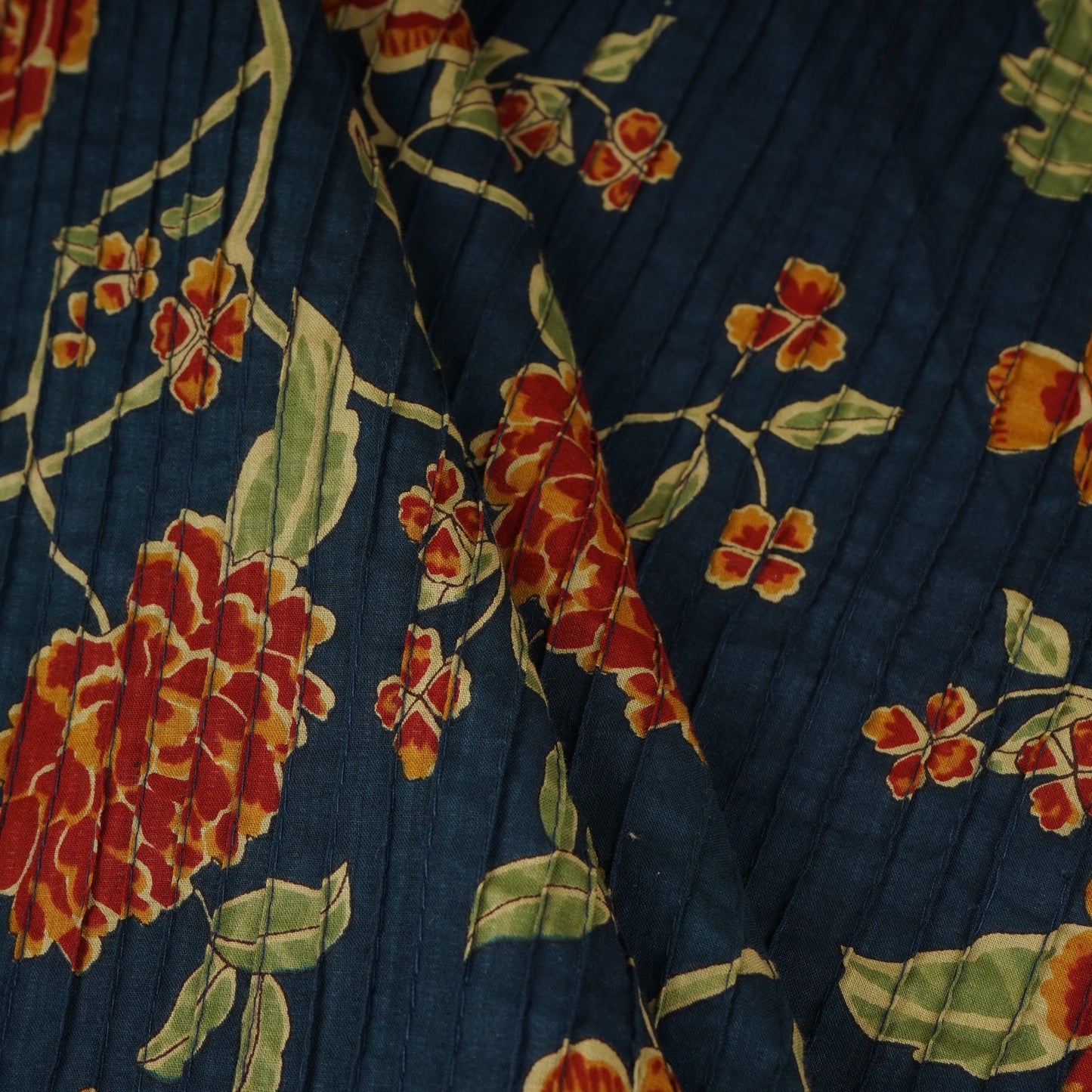 Navy Blue Floral Print Pintuck Cotton Fabric MFR-29828