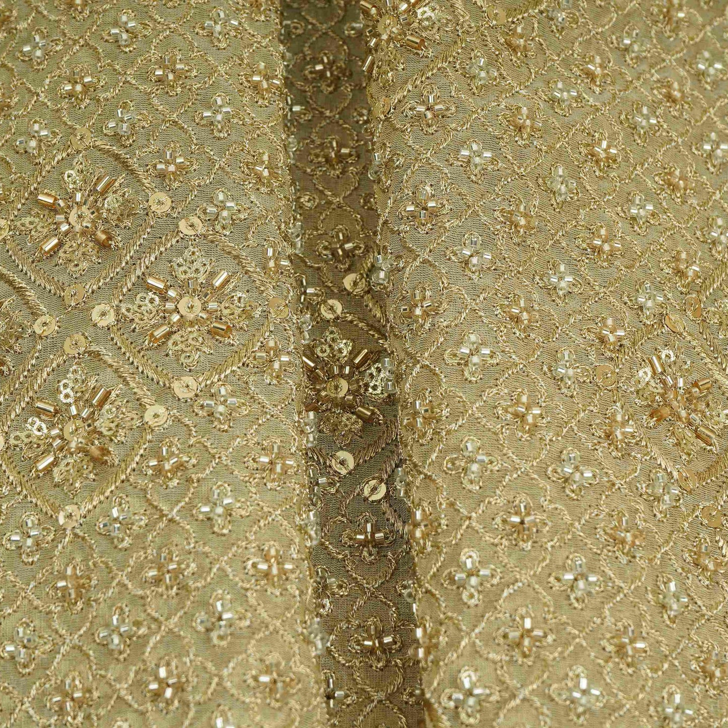 Golden Heavy thread Zari Sequins embroidery Kanjivaram Silk Fabric TF-31442