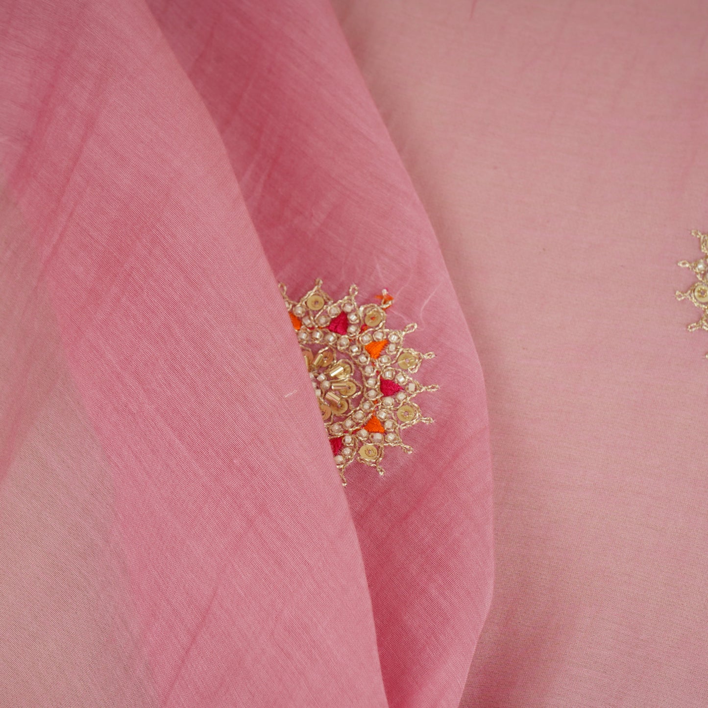 Baby Pink Floral Cutdana Embroidery Mul Chanderi Fabric SN-30095