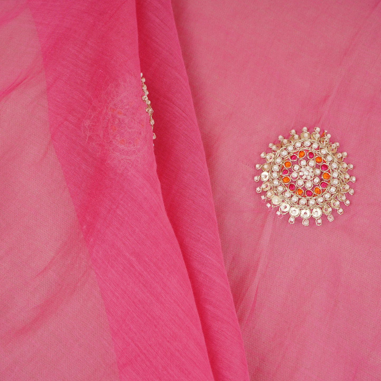 Pink Floral Cutdana Embroidery Mul Chanderi Fabric SN-30098