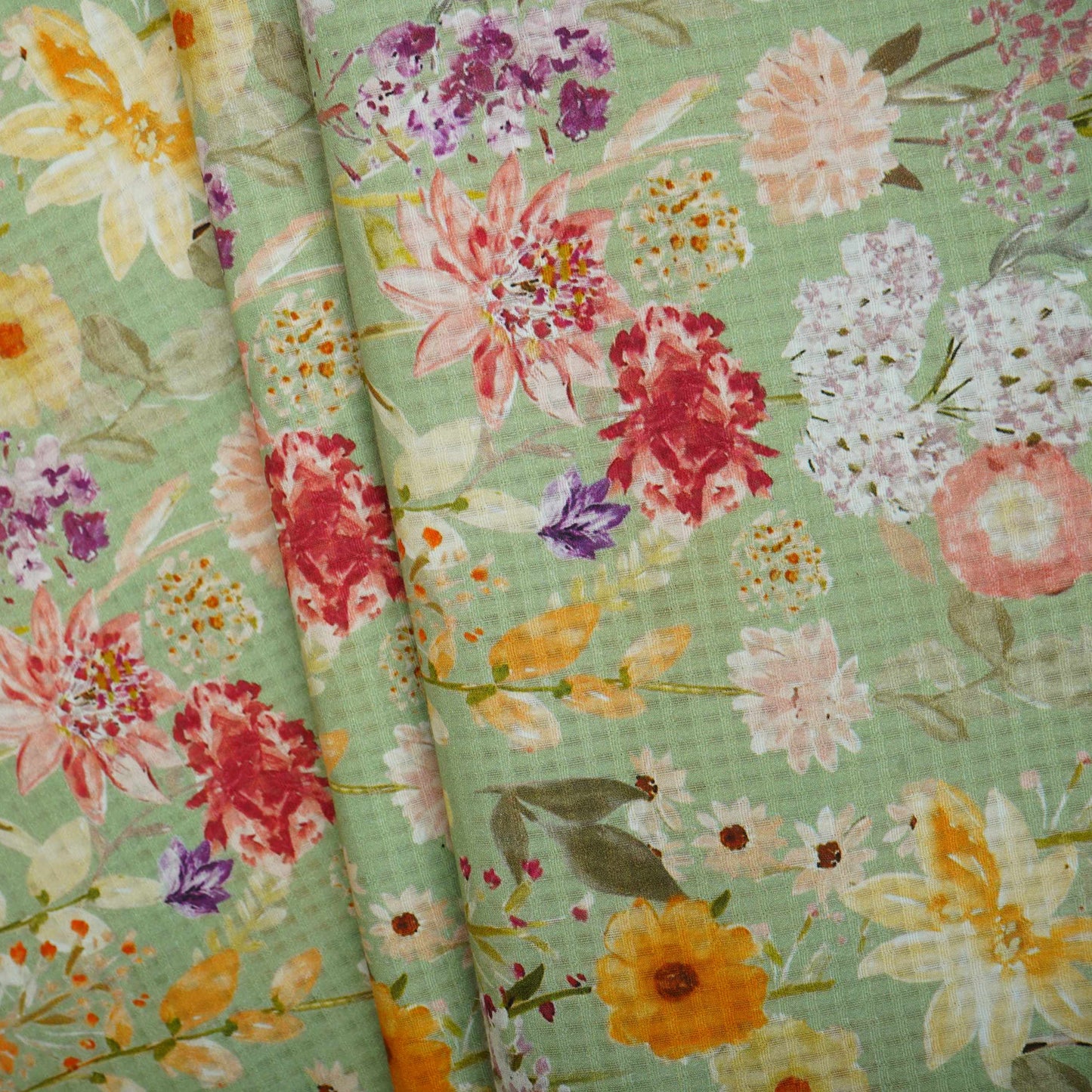 Mint Green with Multicolor floral print Cotton Checks Fabric PI-31846 - TradeUNO