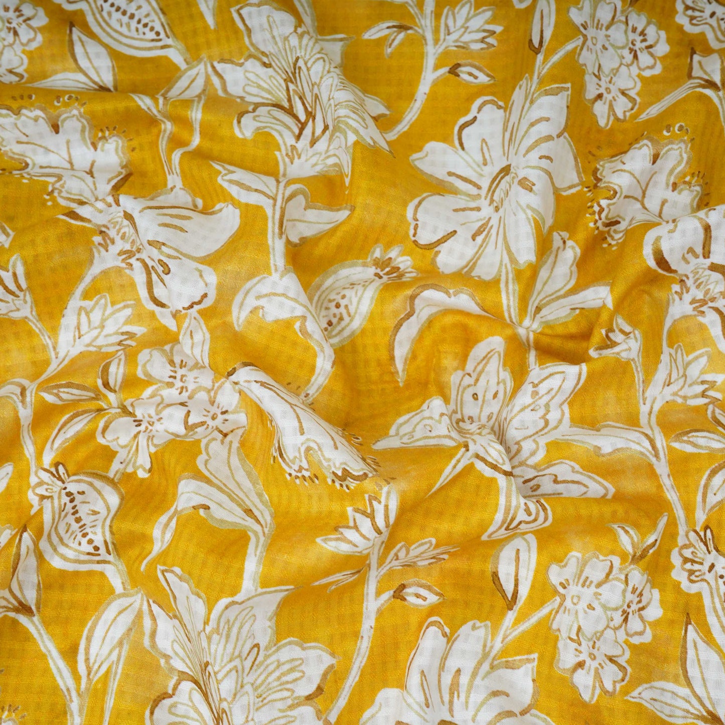 Mustard Yellow floral print Cotton Checks Fabric PI-31851