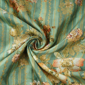 Sea Green floral Jacquard print Raw Mango Silk Fabric CW-31589 - TradeUNO