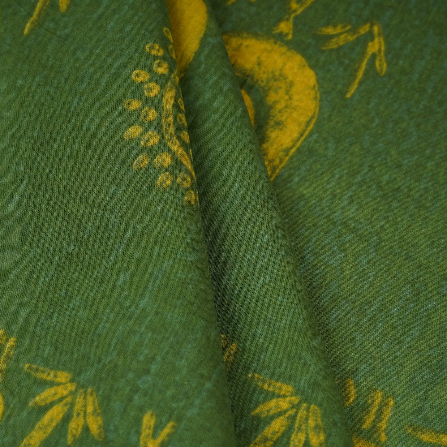 Green with Golden Paisley Print Cotton Fabric MFR-29894