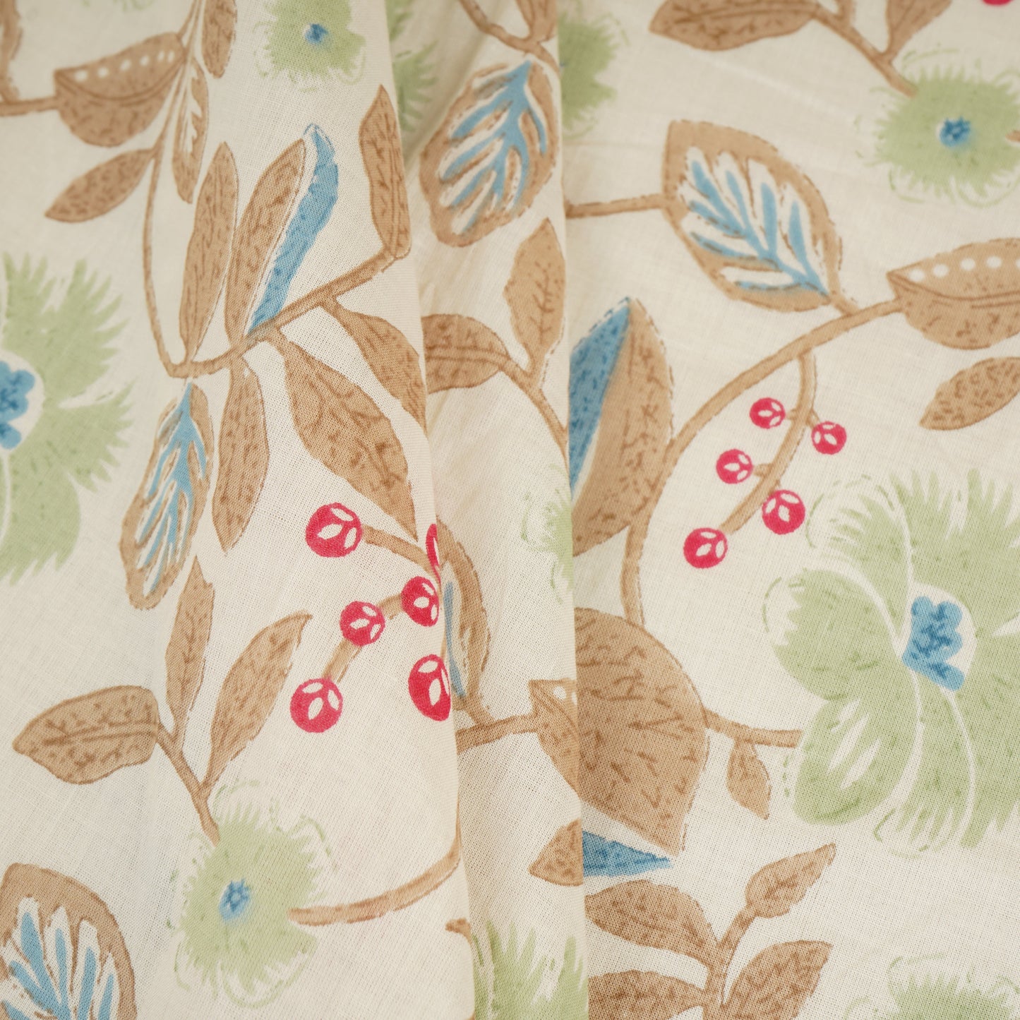 Cream with Green Floral Print Cotton Fabric MFR-29924