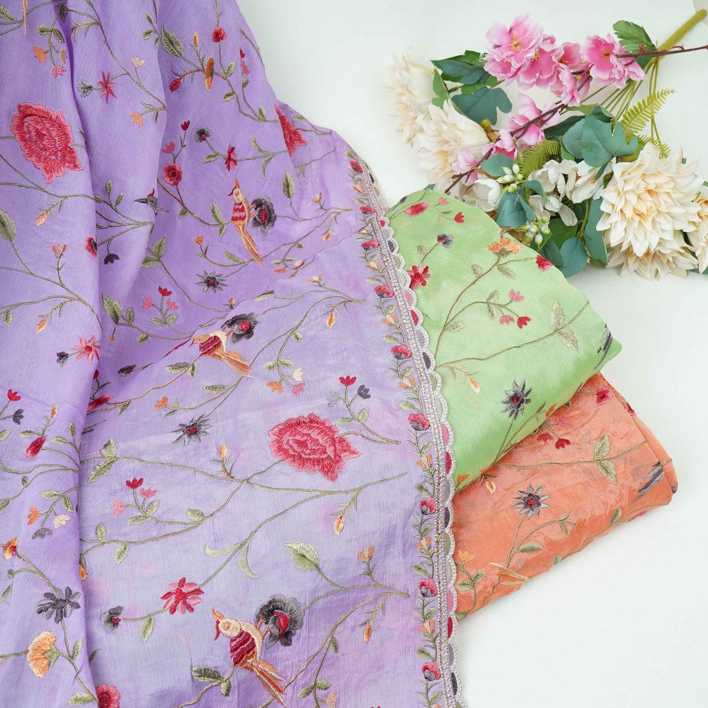 Salmon Pink floral Jaal embroidery Chinon Fabric VFS-31661