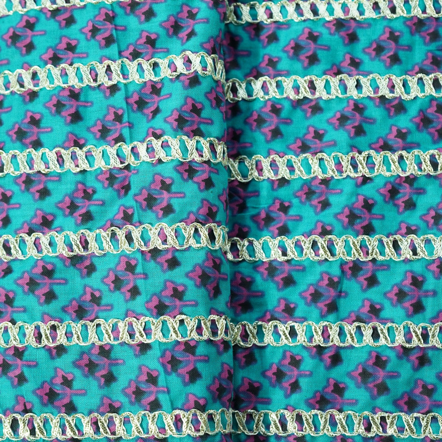Blue Pink Floral Print Gota Work Cambric Cotton