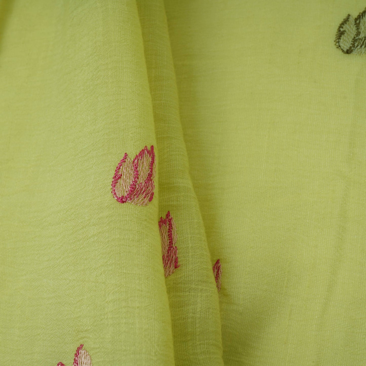 Pista Green thread Border embroidery Chinon Cotton Slub Fabric VFS-31528