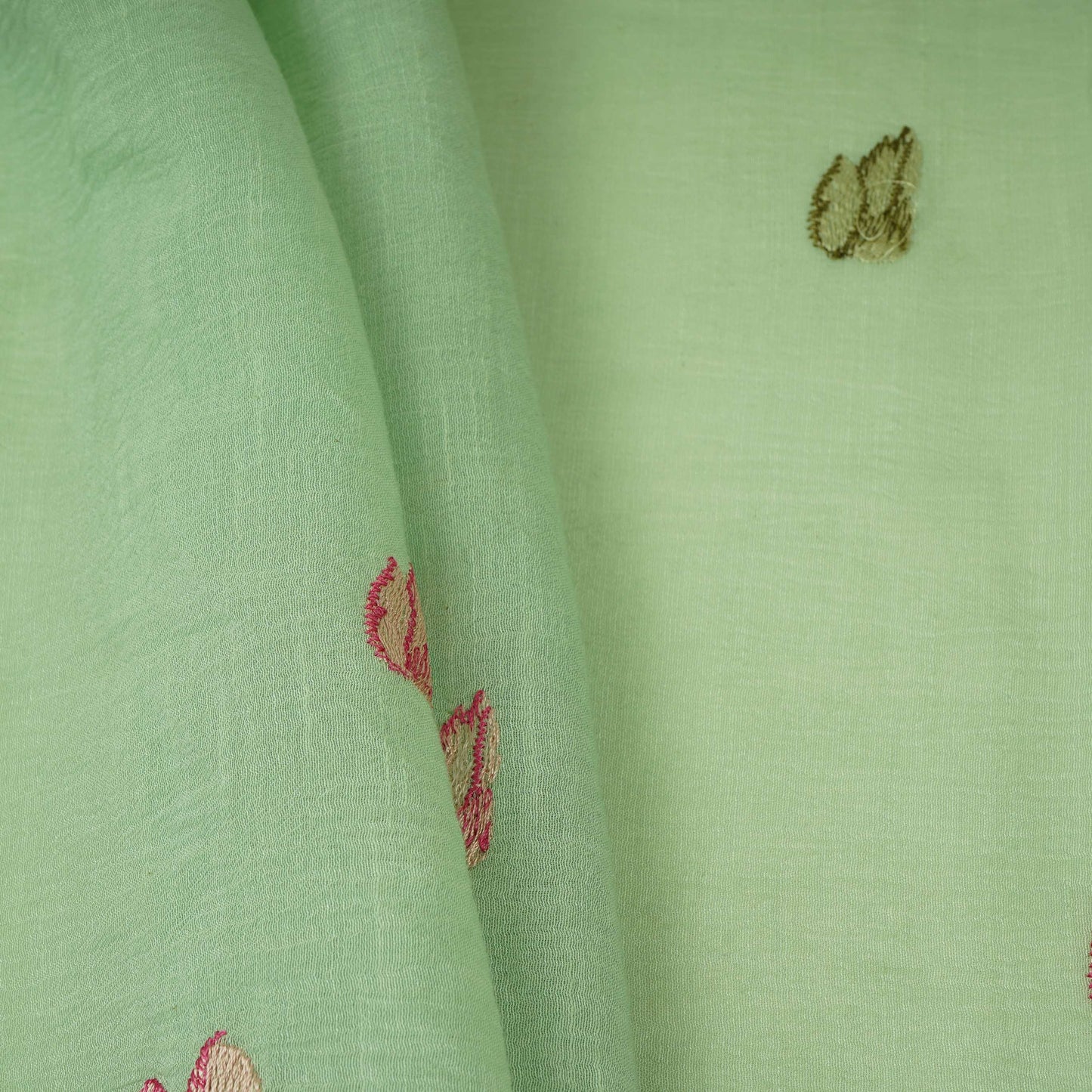 Mint Blue thread Border embroidery Chinon Cotton Slub Fabric VFS-31529