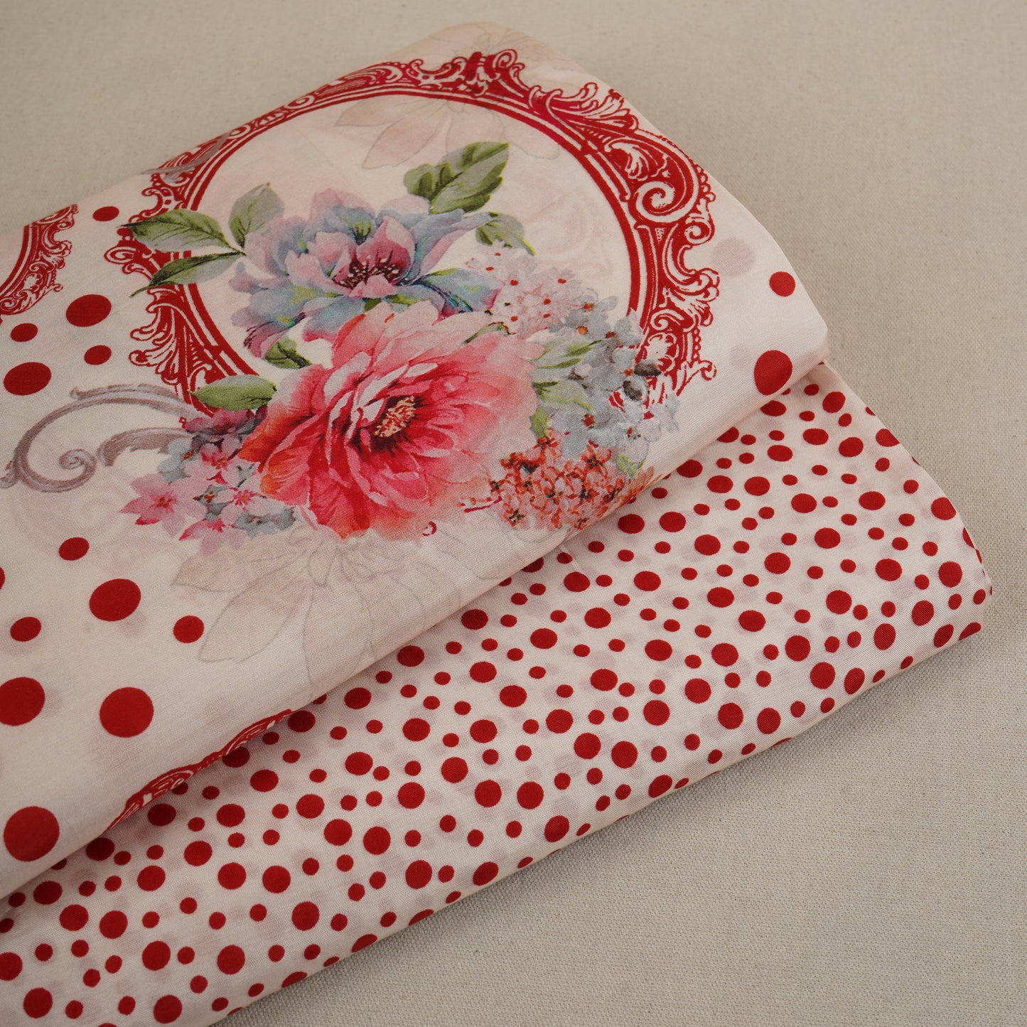 Red Floral Dot Print Muslin Fabric MF-30184