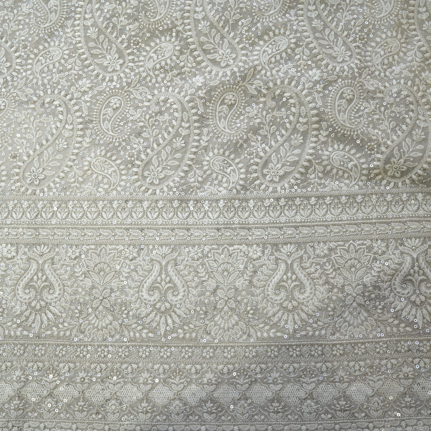 Premium Dark Cream Heavy Paisley Sequence Embroidery Georgette Chikankari Fabric