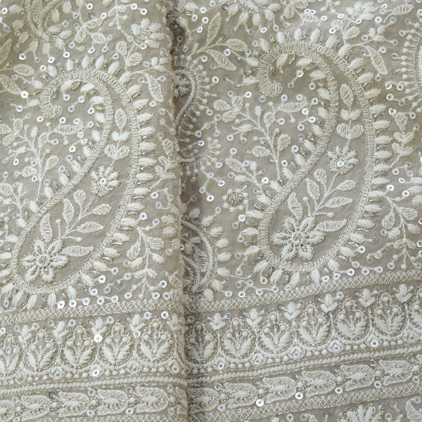 Premium Dark Cream Heavy Paisley Sequence Embroidery Georgette Chikankari Fabric