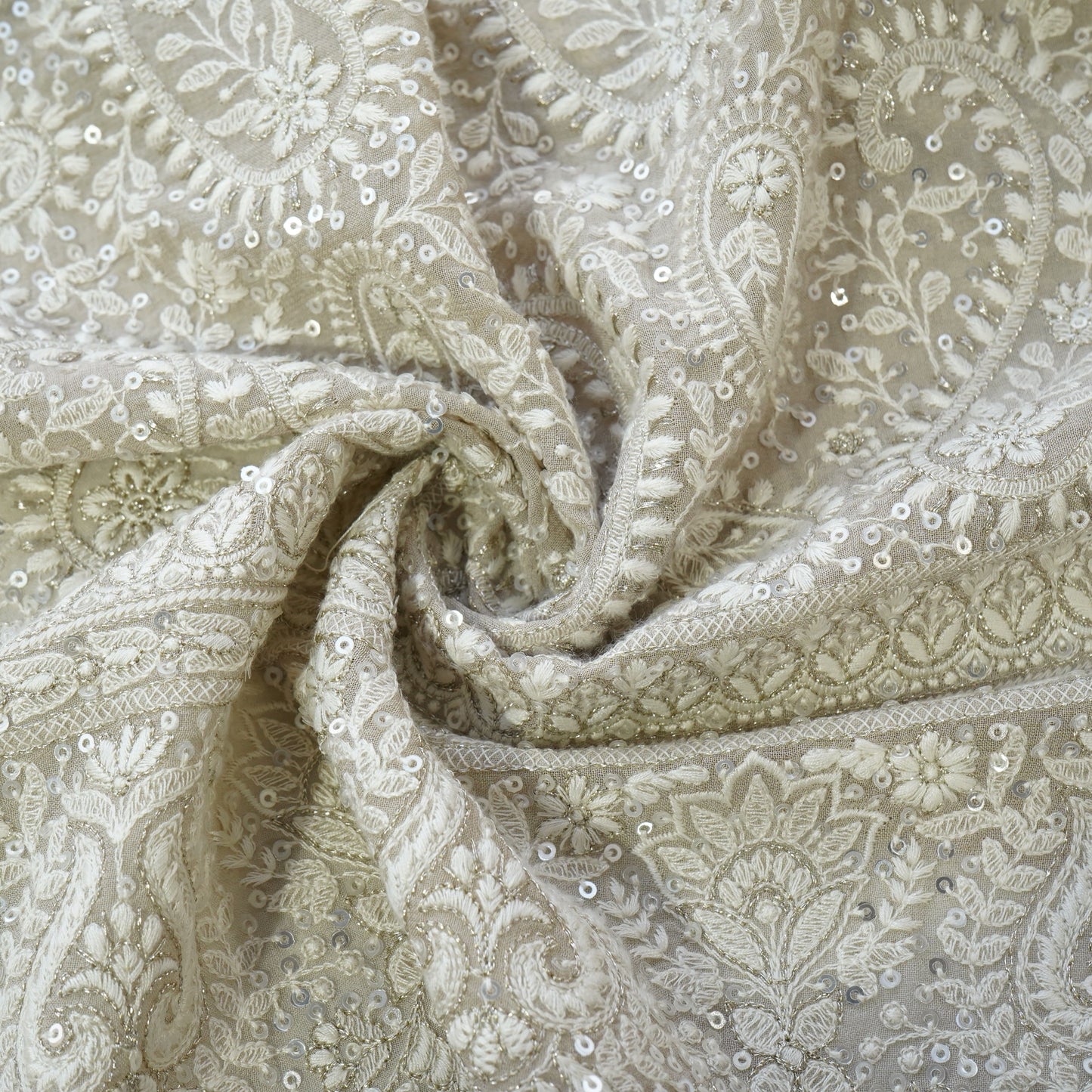 Premium Dark Cream Heavy Paisley Sequence Embroidery Georgette Chikankari Fabric