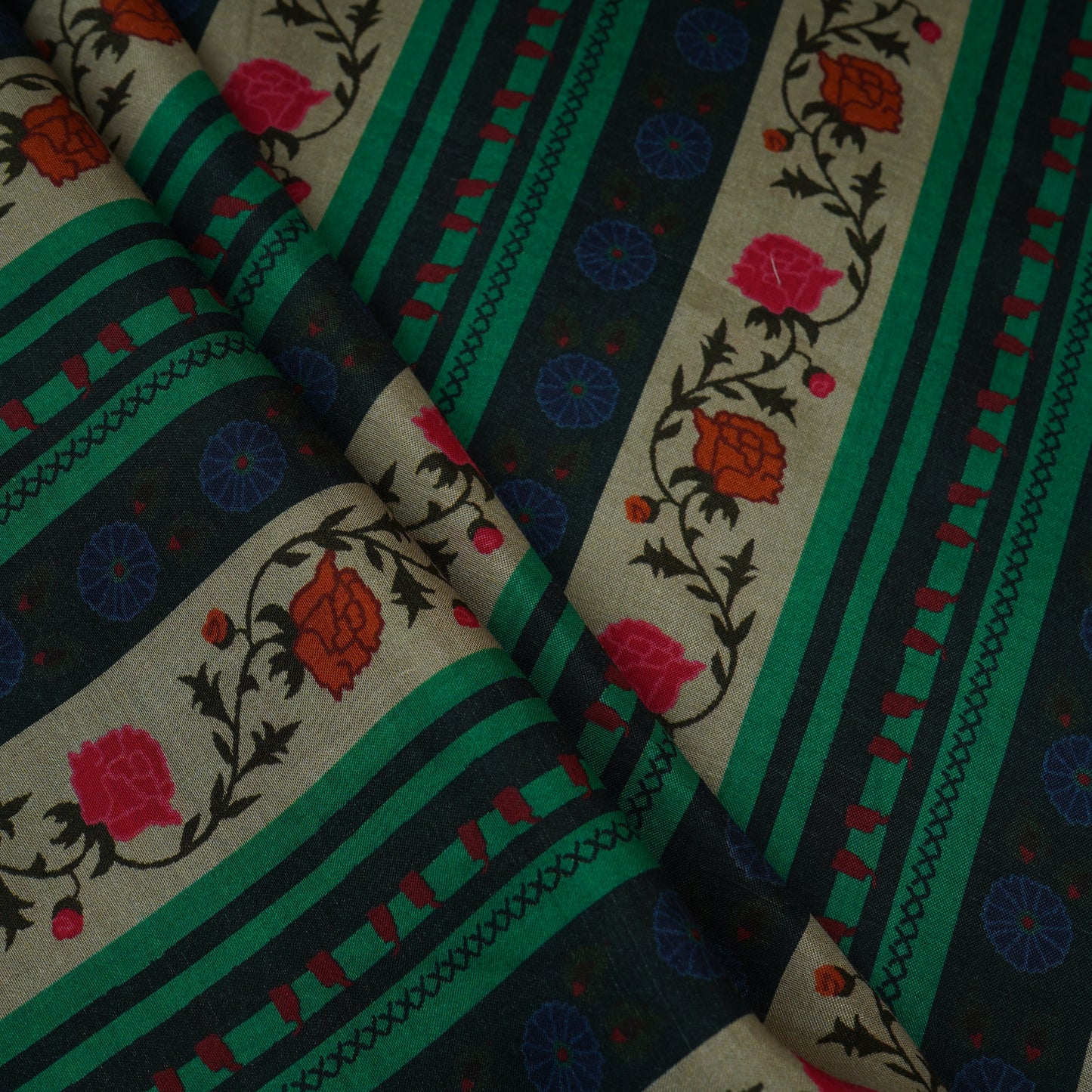 Green & Black Floral Stripes Print Muslin Fabric MF-30194 - TradeUNO