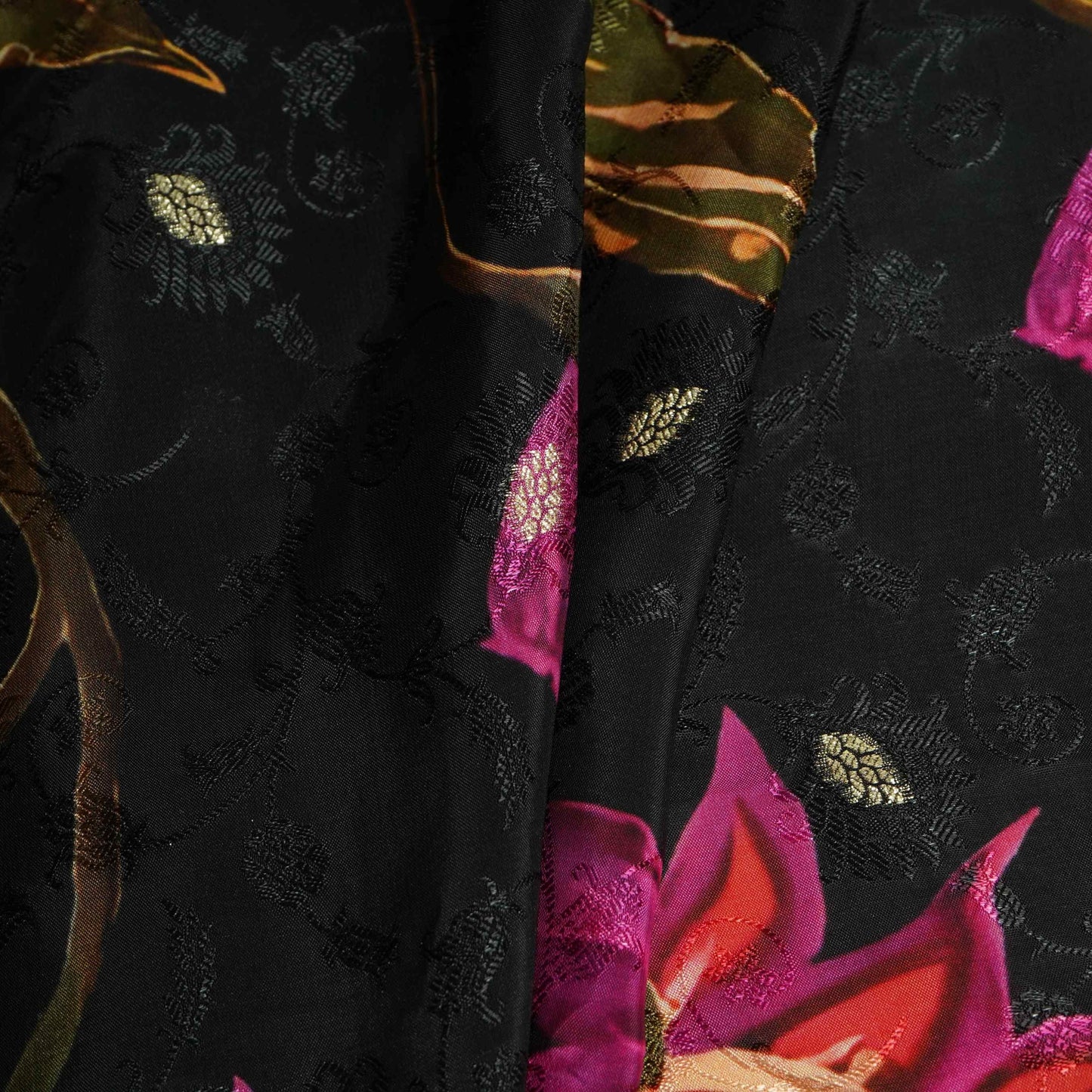 Black floral zari jacquard Pure Bemberg Crepe Fabric MTF-31810
