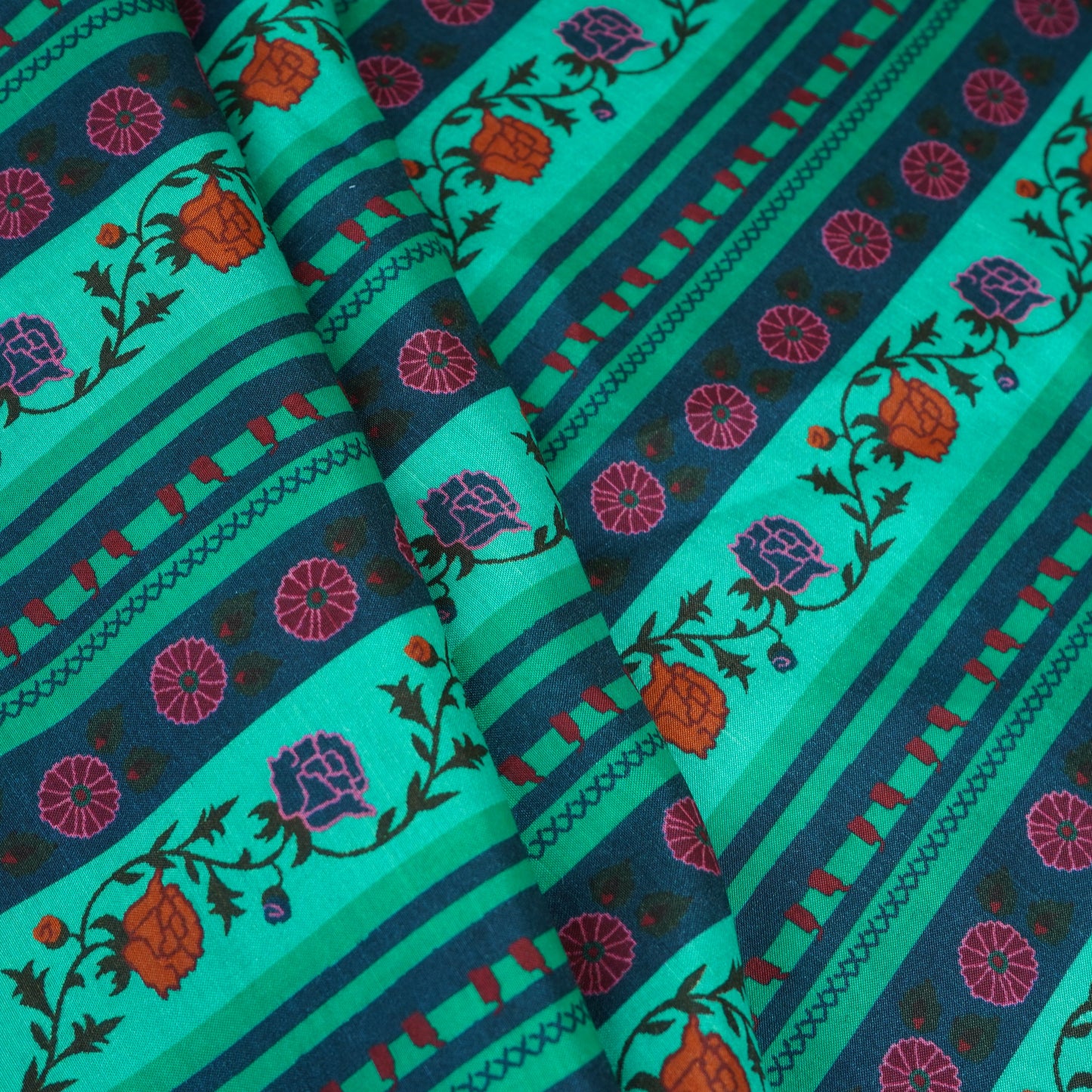 Green & Navy Blue Floral Stripes Print Muslin Fabric MF-30196 - TradeUNO