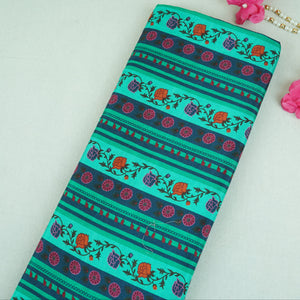 Green & Navy Blue Floral Stripes Print Muslin Fabric MF-30196 - TradeUNO