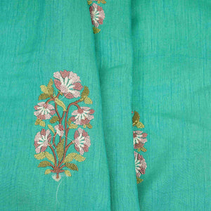 Teal Green floral Border embroidery Raw Silk Fabric VFS-31858 - TradeUNO