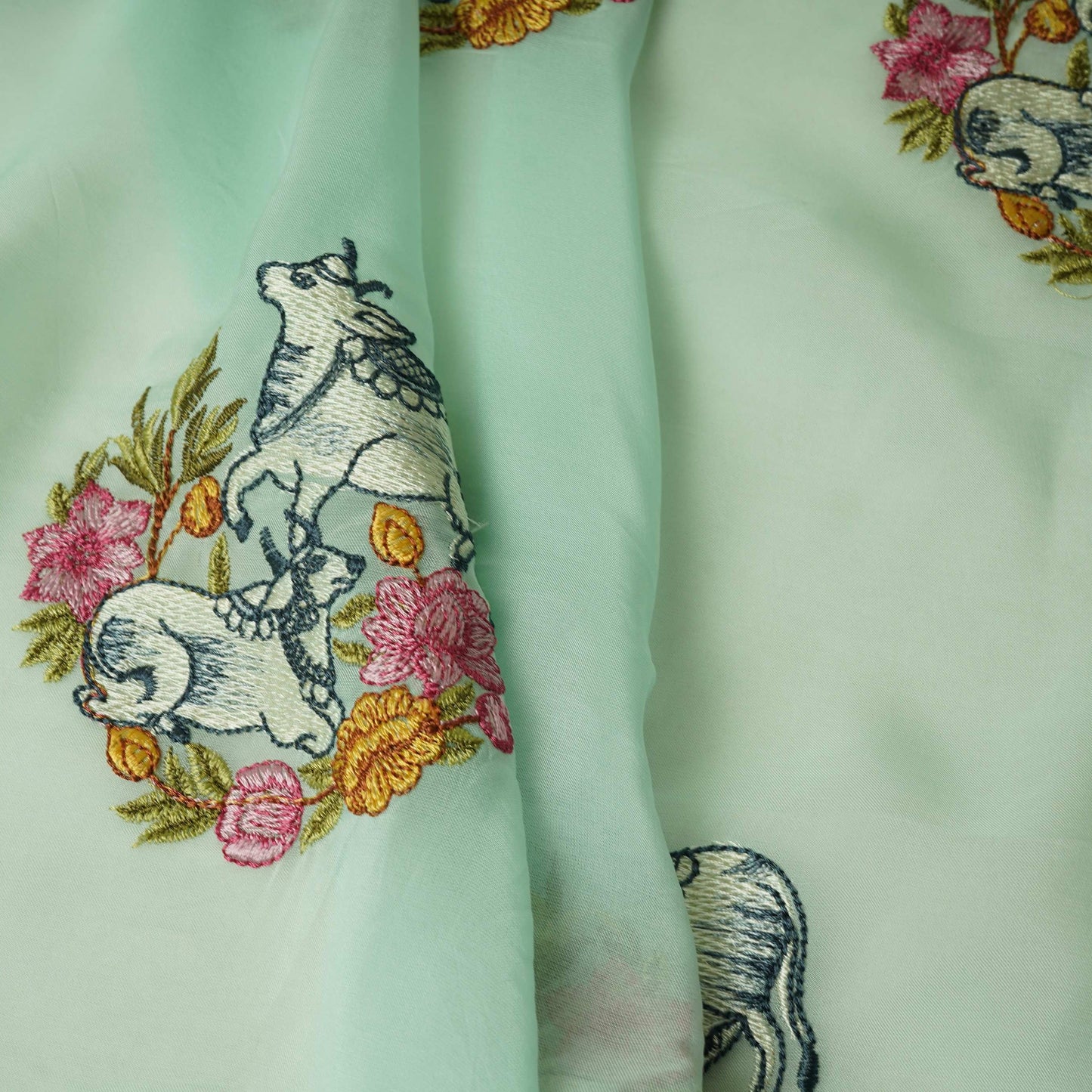 Mint Blue Pichwai embroidery Organza Fabric VFS-31538