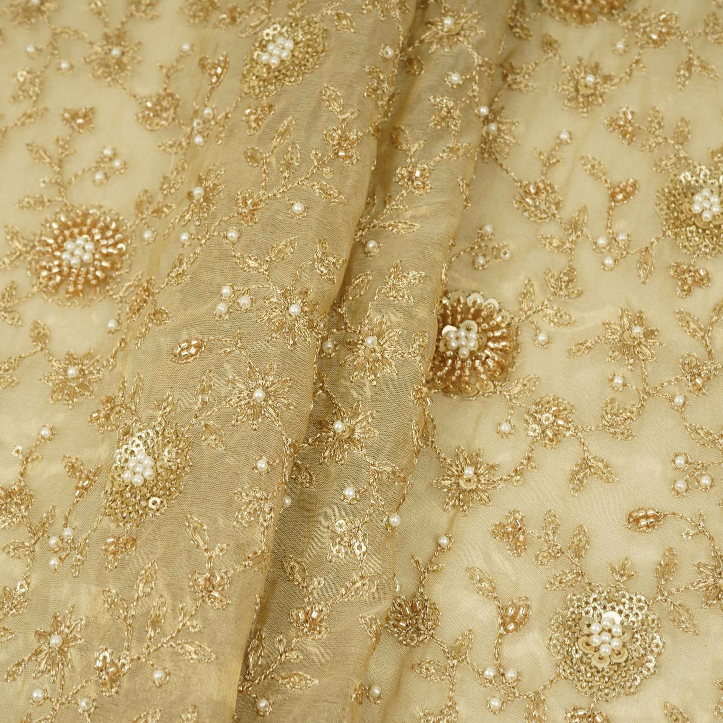 Golden floral Cutdana Sequins embroidery Kanjivaram Silk Fabric TFS-31783