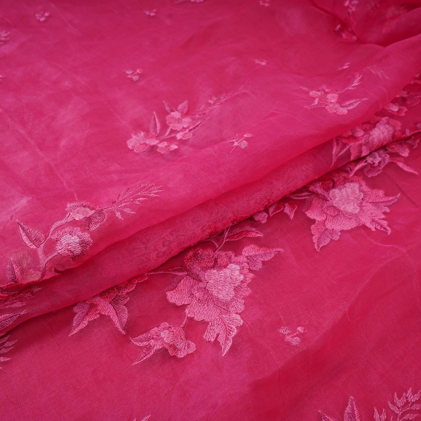 Rani Pink Border floral embroidery Pure 27gm Organza Fabric GPF-32068