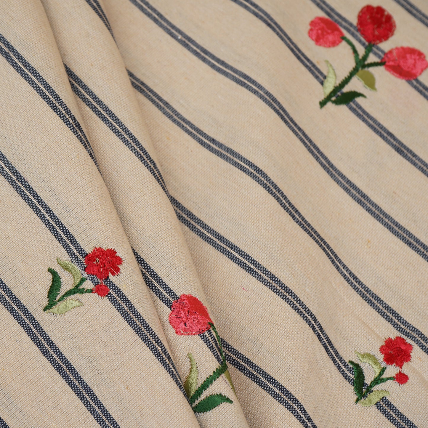 Blue & Cream Stripes Floral Embroidery South Cotton Fabric GTS-30267