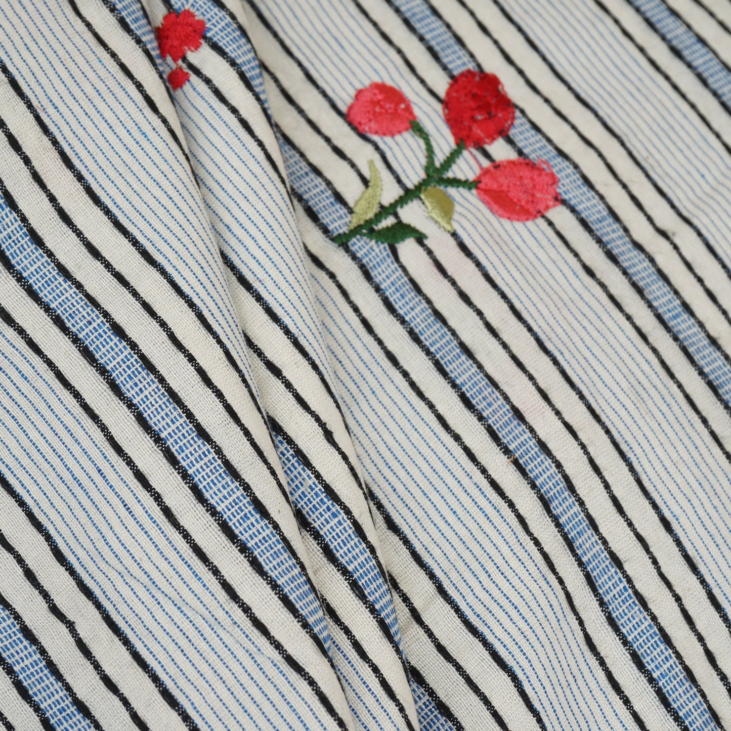 Off White & Blue Stripes Floral Embroidery South Cotton Fabric GTS-30265