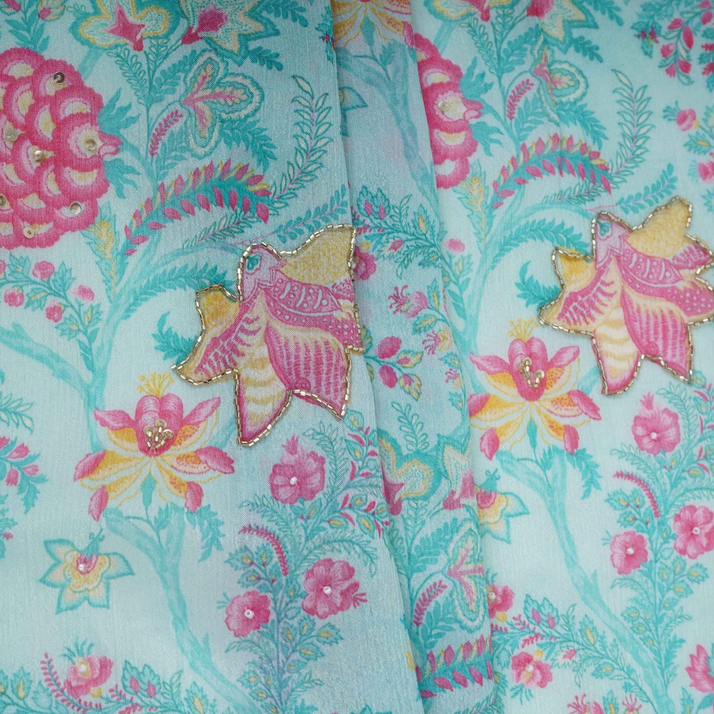 Light Blue Floral Cutdana Chinnon Fabric VF-30637