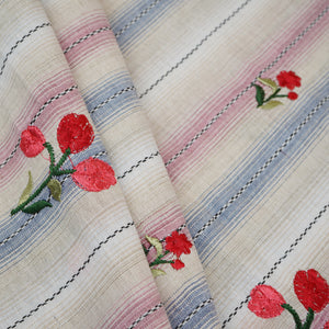 Cream & Off White Stripes Floral Embroidery South Cotton Fabric GTS-30266 - TradeUNO