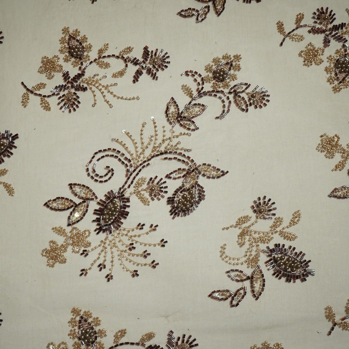 Brown Floral Heavy Pearl Sequins Cut Dana Embroidery Net Fabric