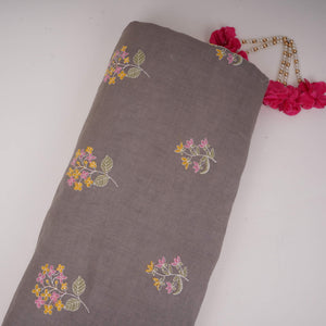 Grey floral thread embroidery Cotton Linen Fabric GPF-32097 - TradeUNO