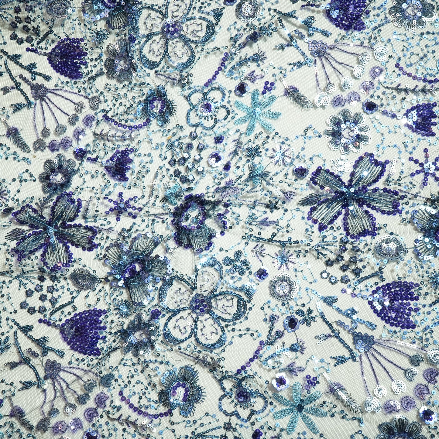 Navy Blue Floral Imported Sequins Embroidery Net Fabric
