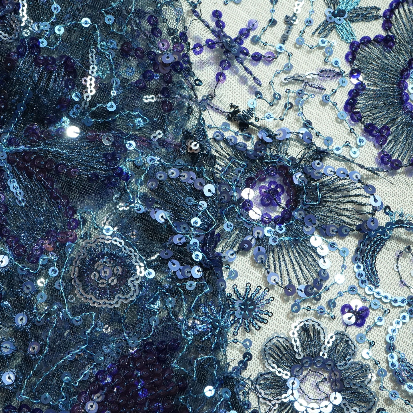 Navy Blue Floral Imported Sequins Embroidery Net Fabric