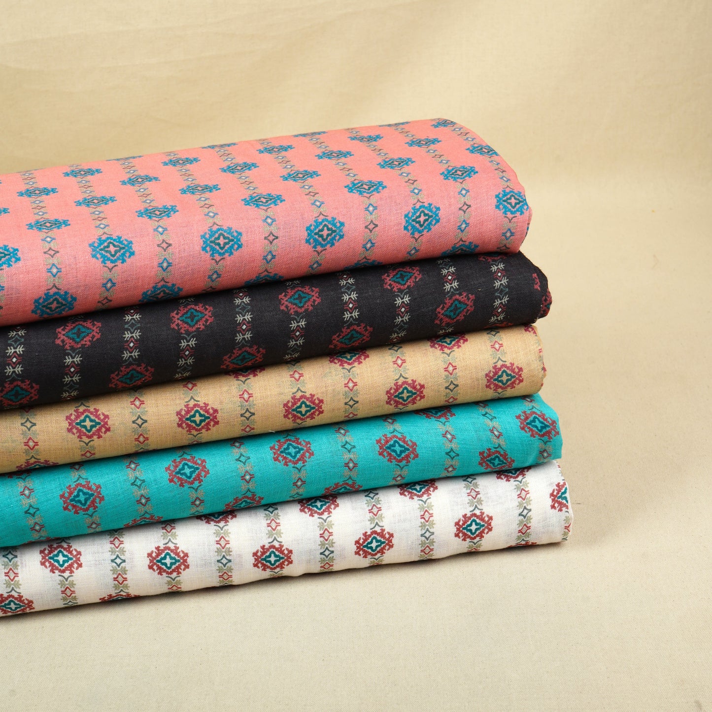 Teal Green Abstract Print Cotton Linen Fabric GTS-30275