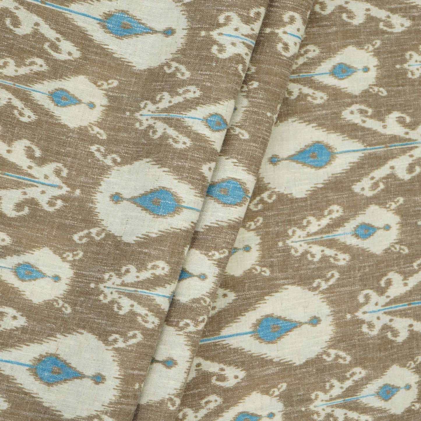 Khaki Brown & Blue ikat print Linen Fabric DE-32127