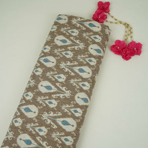 Khaki Brown & Blue ikat print Linen Fabric DE-32127 - TradeUNO