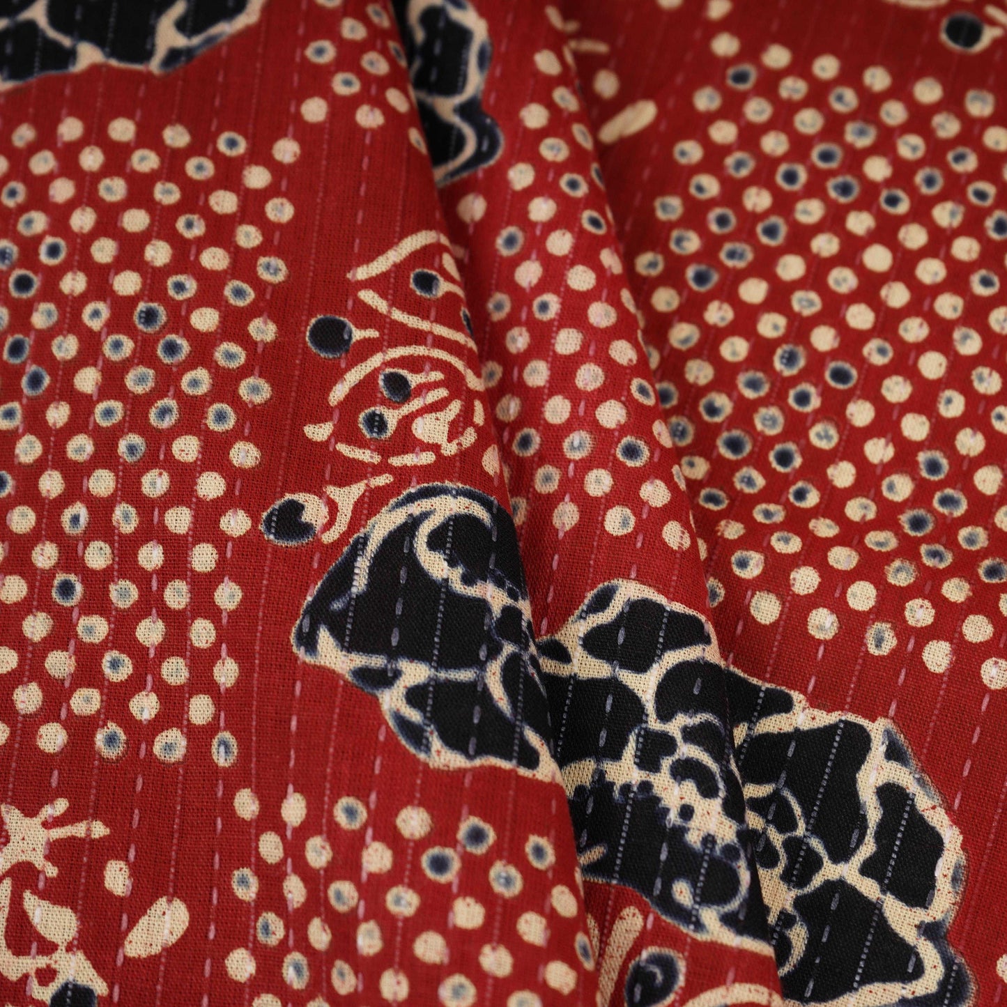 Red & Black Ajrakh with Kantha Print Cotton Fabric OG-30288